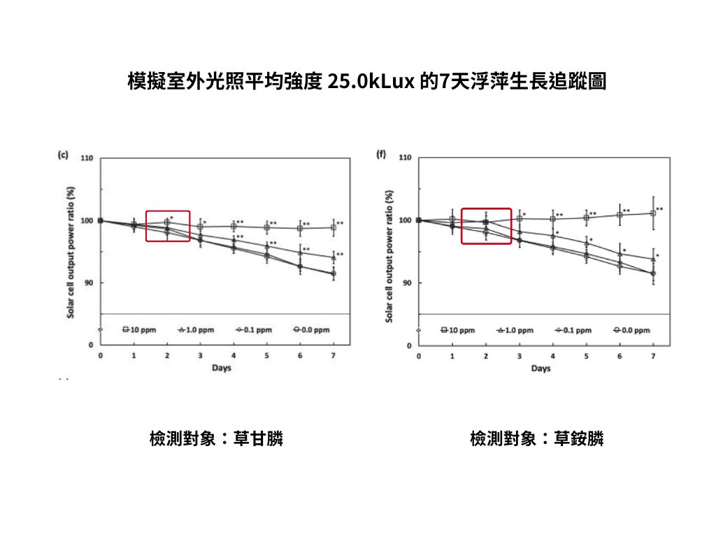 基於浮萍的光學生物感測器在48小時內就能取得草甘膦與草銨膦的檢測結果，顯著提升效率。　圖／陸品丞提供