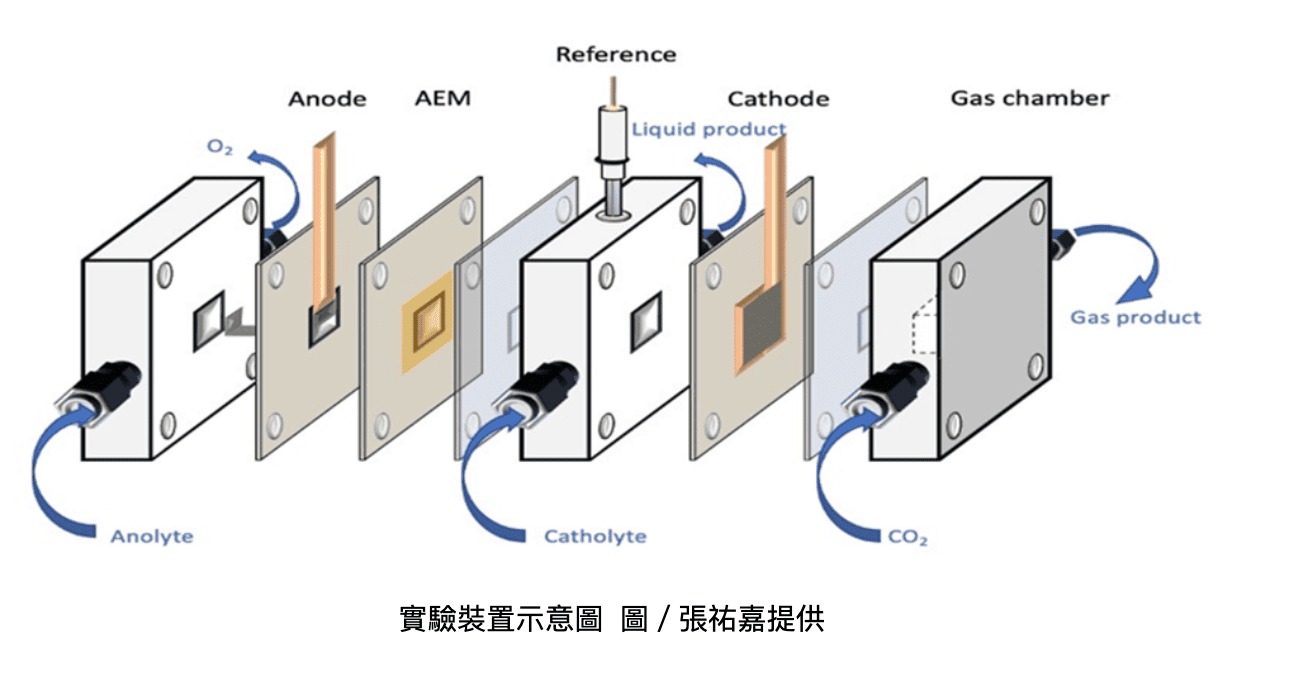 實驗裝置示意圖，此為進行電催化反應的流通型反應槽。  圖／張祐嘉提供