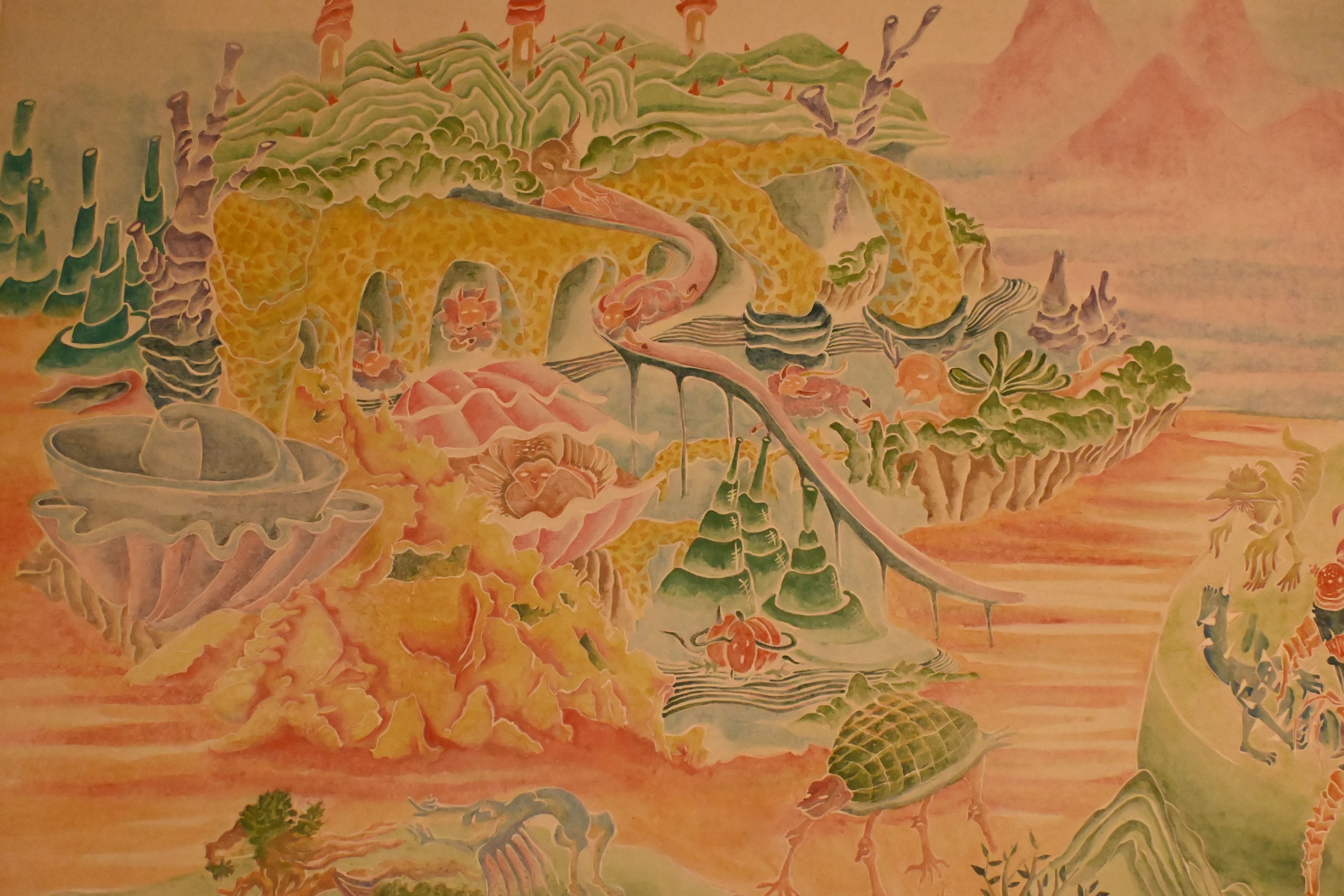 〈神怪十日談-樂園〉中，劉雅鈞將過去實際在直島騎自行車的經驗，以溜滑梯形式於畫中呈現。　圖／林庭如攝