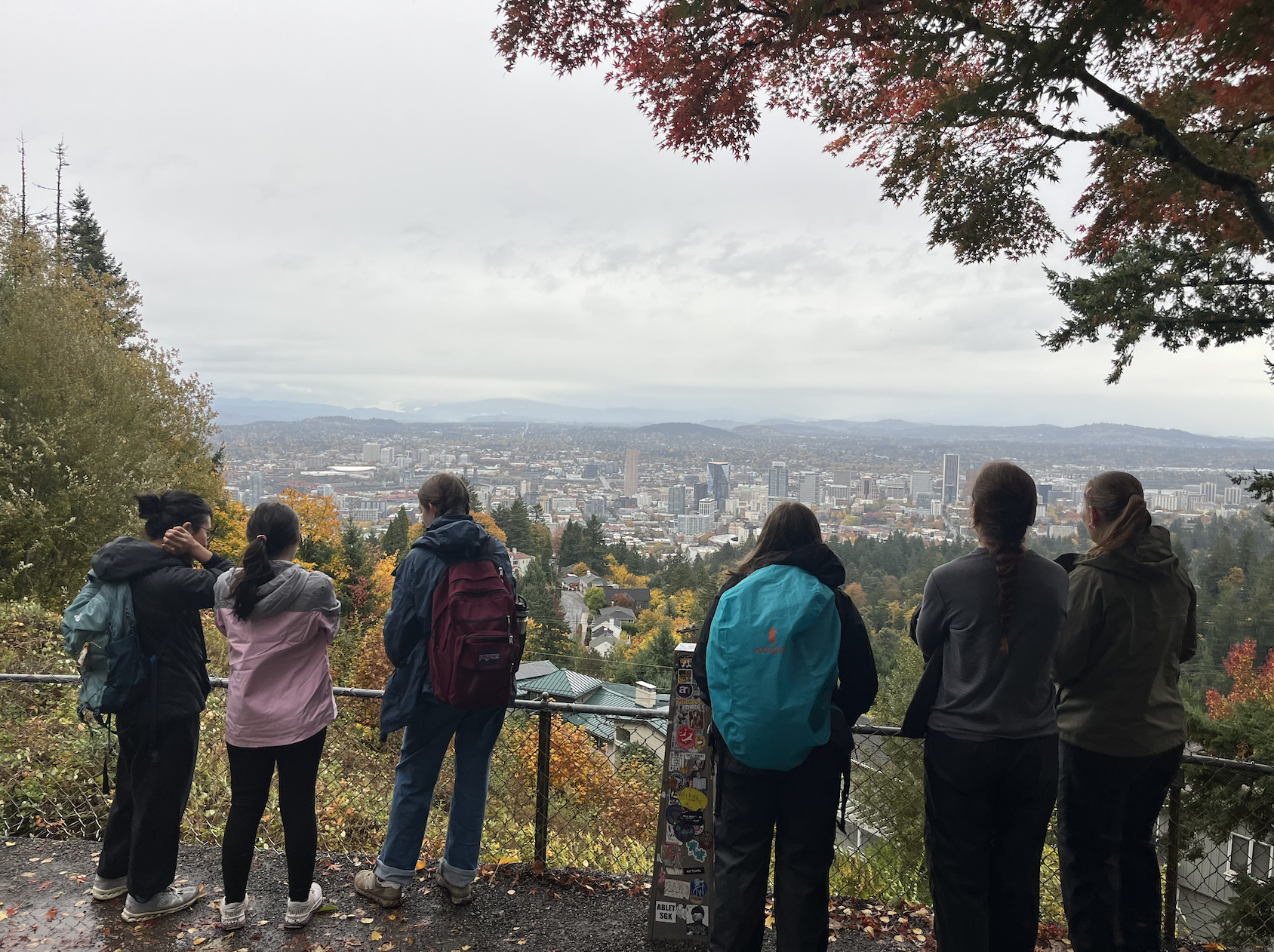 波大學生反性侵聯盟與校內戶外探索團隊合作舉辦透過自然療癒登山活動，學生登高遠望市區，在自然中獲得療癒。　圖／Emma Wylie提供