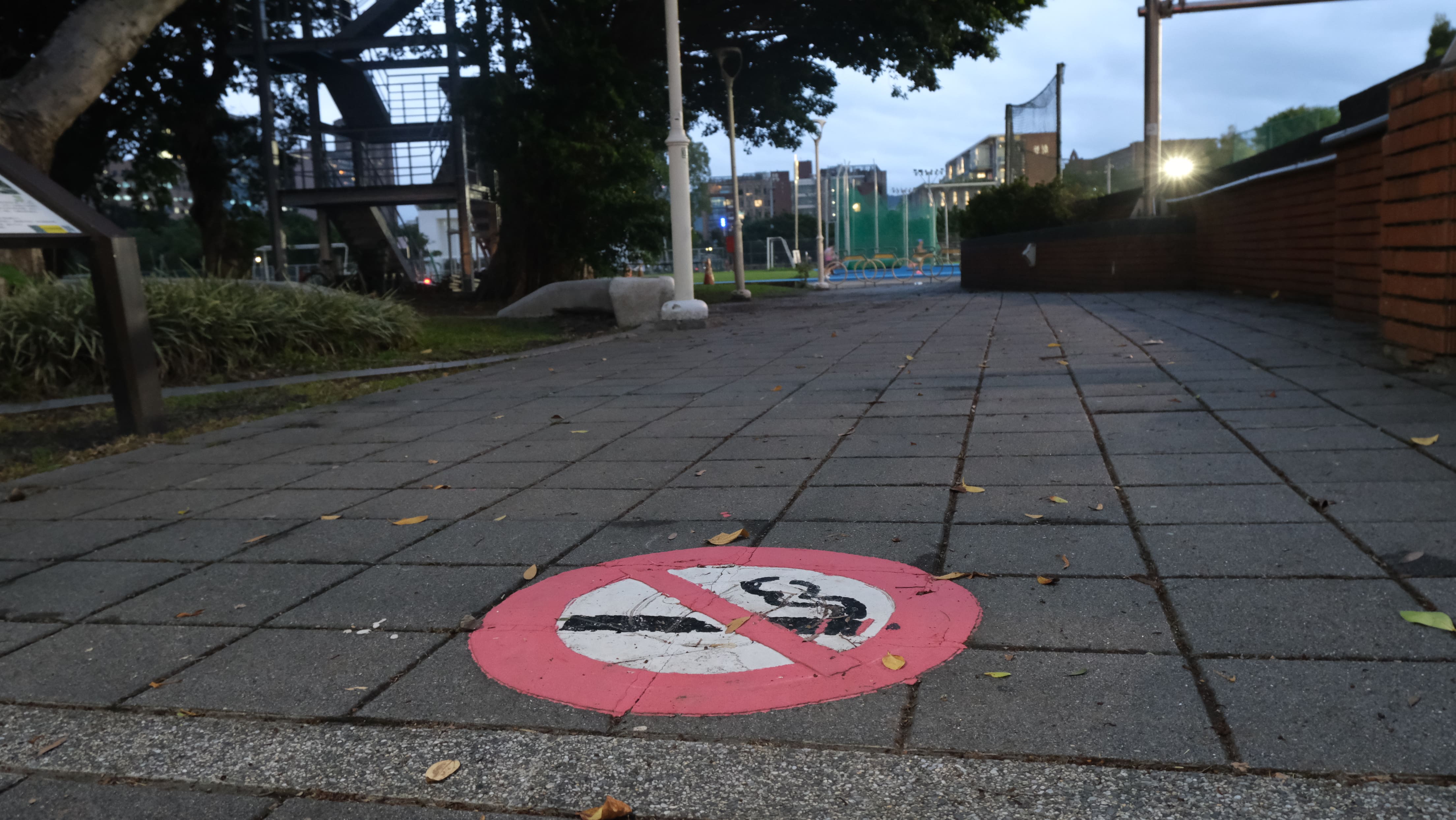 臺大外人行道通往校園的每個出入口，地上都有繪製顯眼的禁菸圖示，提醒學生及民眾校園內為全面禁菸。　圖／熊子萱攝