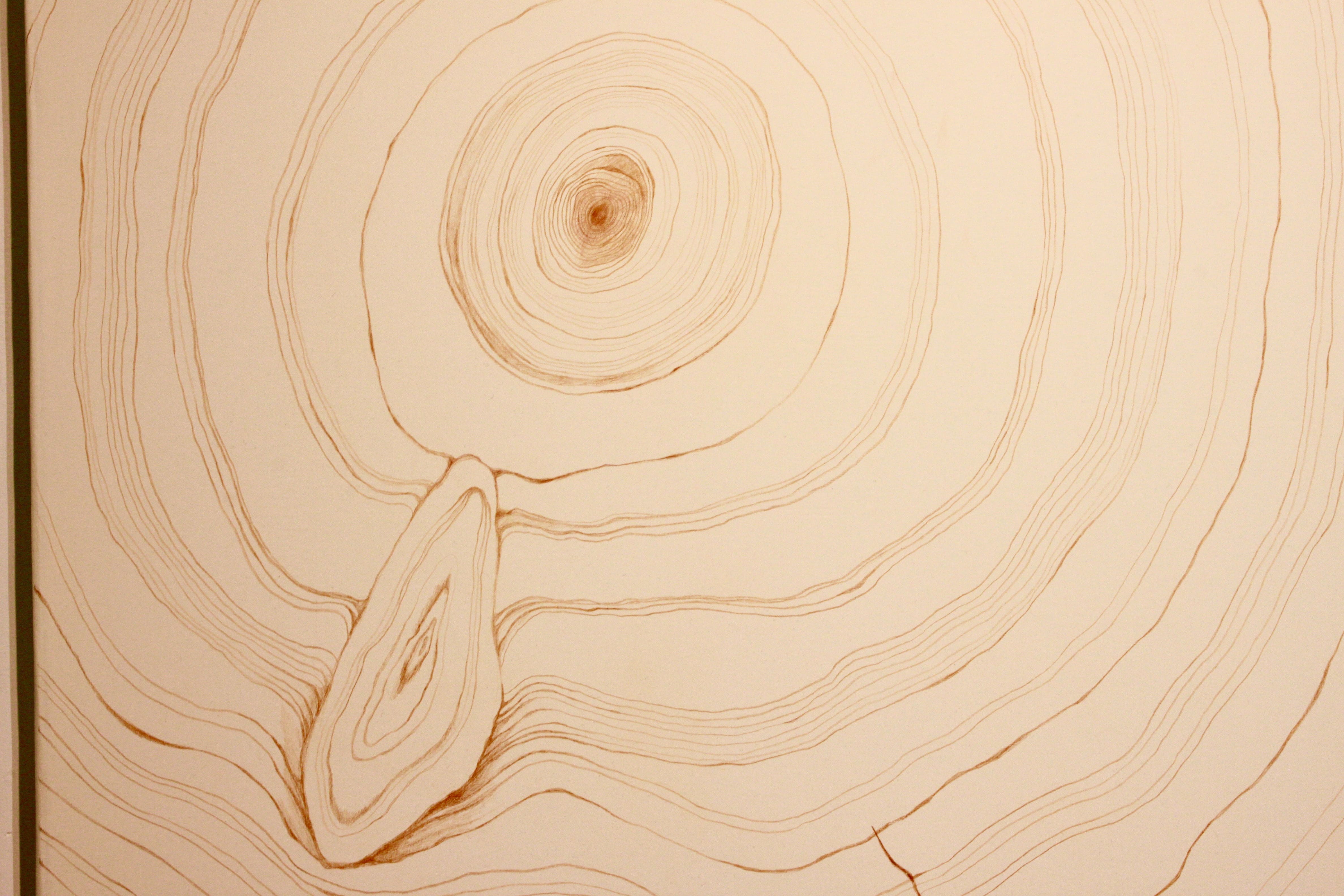 王苡蓁選用色鉛筆為媒材，因其隨著時間慢慢消散的特性。他認為這樣的狀態非常貼近蹤跡本身。　圖／蔡得曦攝