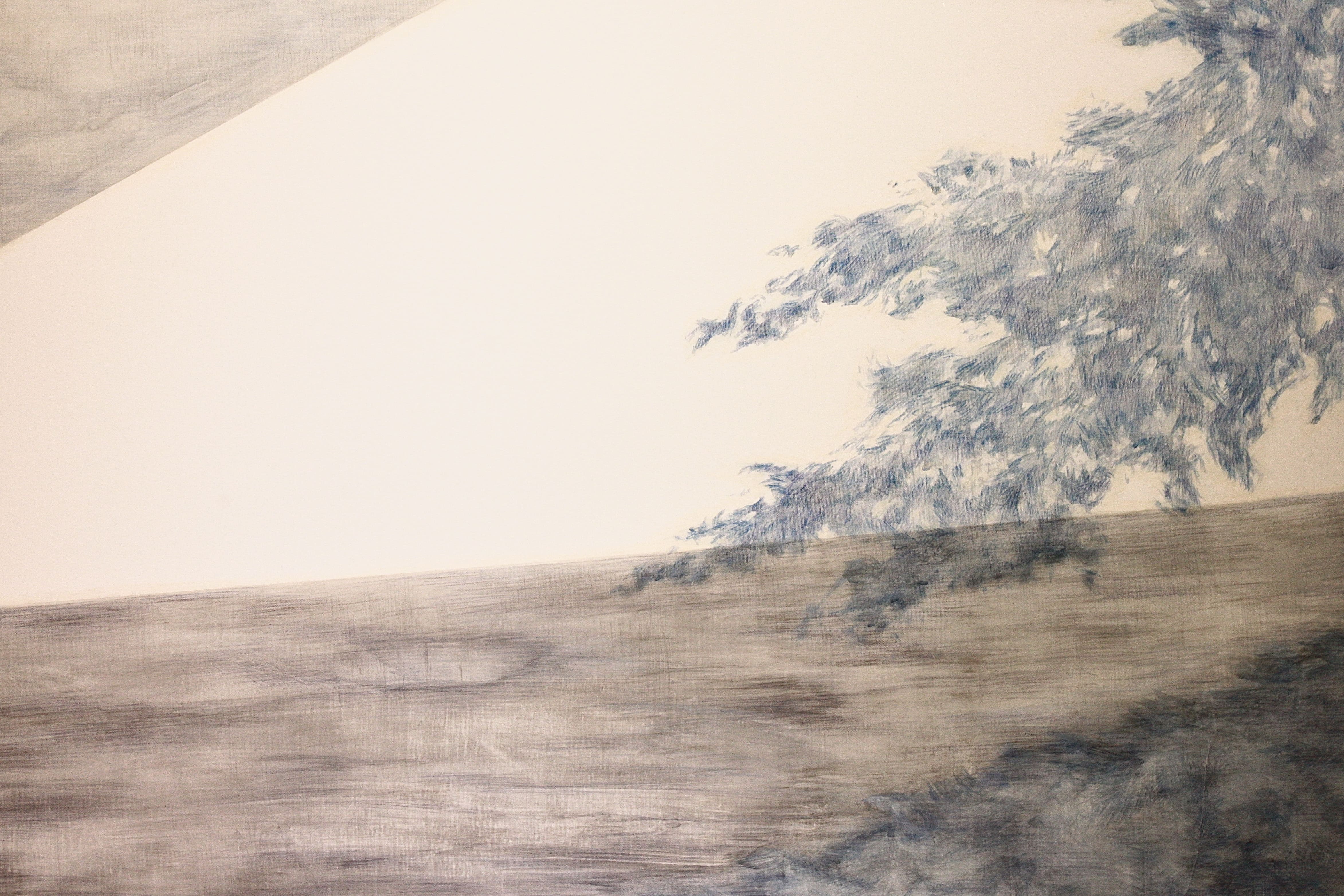 作品〈在樹蔭下的〉以柏油路為繪畫主體，一旁的樹蔭則點出樹木消失前曾出現的景象。　圖／蔡得曦攝