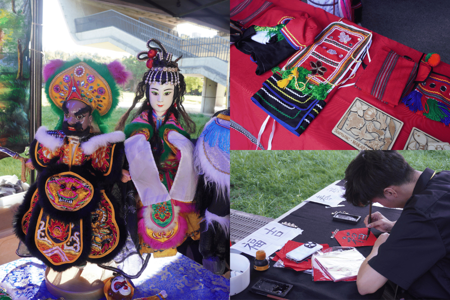 在地文化體驗攤位設有布袋戲、原住民服飾與書法區，邀請各國學生親自探索台灣文化。　圖／黃千艾攝