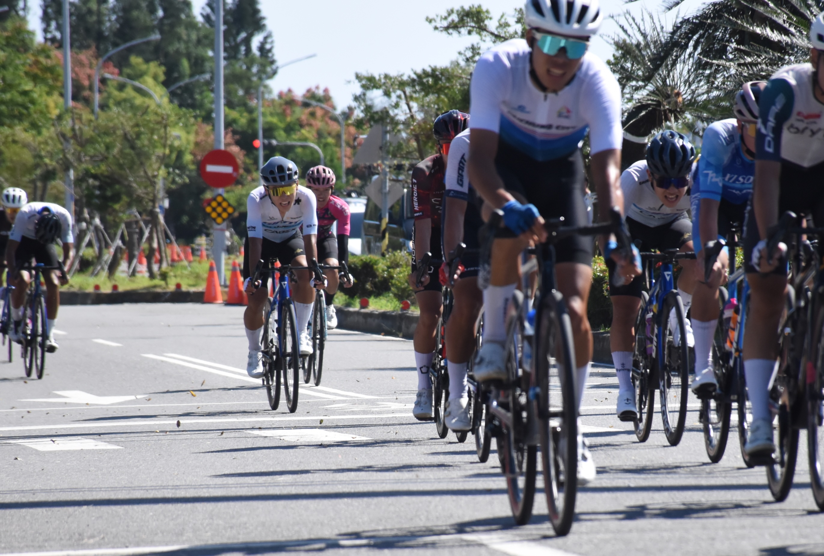 公路賽中的「集團」為多名選手緊密騎成的大隊形，能一起分擔風阻、節省體力，是決定比賽節奏的重要編組。　圖／方凱琪攝